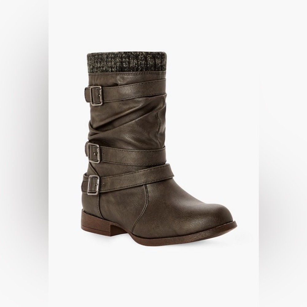 JustFab Nafise Black Sweater Cuff Slouchy Boots Pull On Buckles | Women’s Size 7